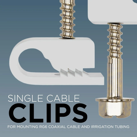 Heavy Duty Single Cable Clips With Screws Rock Solid Coaxial Clamps For Outdoor Wiring, detailed view of white clip with screw.