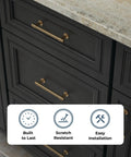 Champagne Bronze Cabinet Pulls 10-Pack, 5-1/16 Inch Hole Center installed on dark kitchen drawers with durability icons