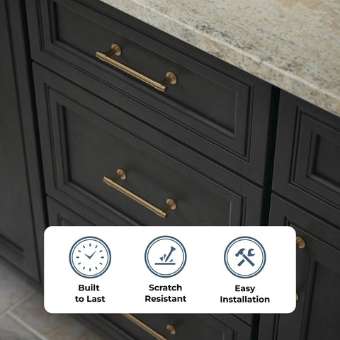 Champagne Bronze Cabinet Pulls 10-Pack, 5-1/16 Inch Hole Center installed on dark kitchen drawers with durability icons