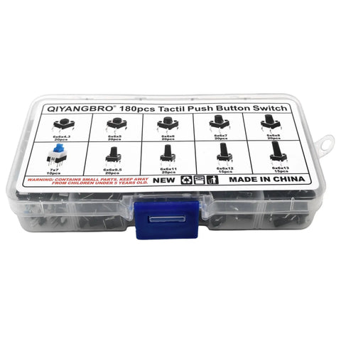 Storage box for 180 Piece Tactile Push Button Switch Kit with labeled compartments for 10 size values, 4-pin micro momentary tact switches