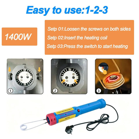 1400 Watt Magnetic Induction Flameless Heater Handheld Wand with instructions for use on seized bolts in garage.