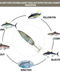 Diagram with Pro Grade Spoon Fishing Lures Set, 2 Oz Silver Finish, 6 Pack With 3X Strong Mustad Treble Hooks for various fish species.