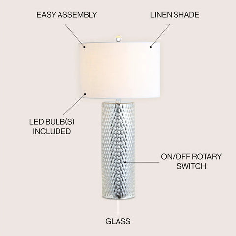 Isabella Studded Glass Table Lamp, 30-Inch Contemporary Glam Silver Leaf Base With White Linen Drum Shade, LED Bulb Included