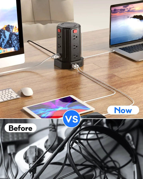 Before vs Now showing Beast Of A 16.4 Ft Power Strip Surge Protector With 12 AC Outlets And 4 USB Ports Including USB C in use