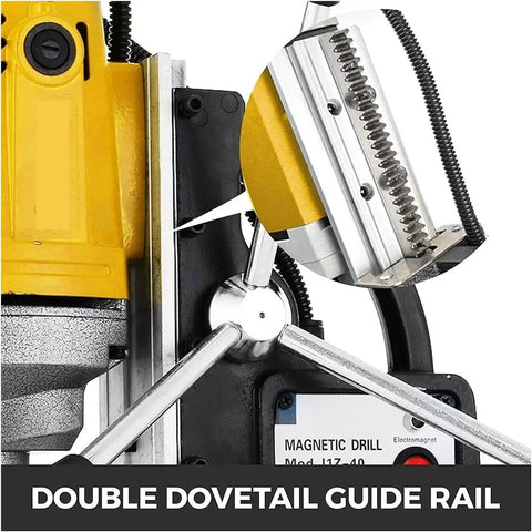 Portable Magnetic Drill Press 1100W with 1.5 Inch Boring Capacity and 2700LBS Magnetic Pull for Metalwork, showing double dovetail guide rail for precision.
