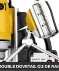 Close-up of the double dovetail guide rail on the Super Heavy Duty 1100W Magnetic Drill Press for precision boring.