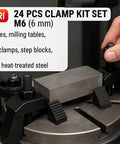 24 Pcs Clamp Kit Set M6 for rotary and milling tables in use, shows step block and clamp setup on rotary table.