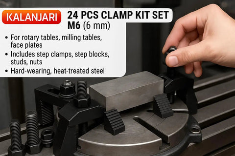 24 Pcs Clamp Kit Set M6 for rotary and milling tables in use, shows step block and clamp setup on rotary table.