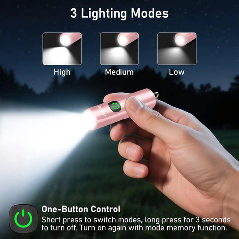 Hand holding EDC Rechargeable Keychain Flashlight 360 Lumen Mini Pocket Light, Ultra Bright Everyday Carry Spotlight With USB Charge, 3 Modes High Medium Low, Compact Portable Emergency Buddy For Night Walks highlighting High mode at night.