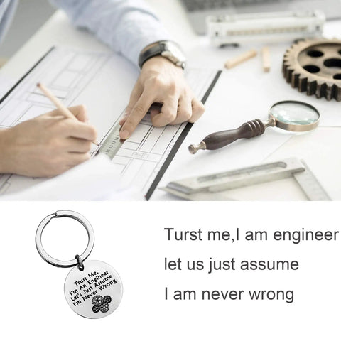 Trust Me I Am An Engineer Keychain With Gear Design and humorous message, shown with drafting tools and magnifying glass