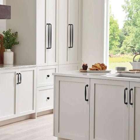 Score These Sweet Matte Black Cabinet Handles In A 10 Pack Featuring A Smooth 5 Inch Screw Spacing Crafted From Heavy Duty Zinc Alloy For Kitchen Cabinets Bedroom Dressers And Wardrobe Doors To Bring Home That Pro Finish, showcased on white cabinets.