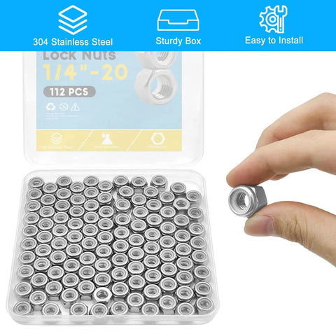 Top Shelf 112 Pack 1/4 20 Hex Lock Nuts Cut From Pure 304 Stainless Steel Featuring Nylon Inserts For Killer Anti Vibration Grip On Every Home Shop Build in a storage box with a hand holding one nut.
