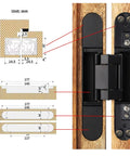 Diagram and installation of Two Pack 6 Inch Hidden Door Hinges Zinc Alloy Heavy Duty Concealed Hinge 180 Degree Swing 3 Way Adjustable Butt Hinge Black 6 X 2.5 X 1 Inches Fits 80lb Doors By MARNER.