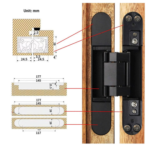 Diagram and installation of Two Pack 6 Inch Hidden Door Hinges Zinc Alloy Heavy Duty Concealed Hinge 180 Degree Swing 3 Way Adjustable Butt Hinge Black 6 X 2.5 X 1 Inches Fits 80lb Doors By MARNER.