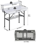 Dimensions and structure of Two Tier Folding Ice Table With Drain And Detachable Skirt, Portable Heavy Duty Ice Prep Table shown.