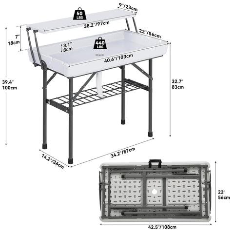 Dimensions and structure of Two Tier Folding Ice Table With Drain And Detachable Skirt, Portable Heavy Duty Ice Prep Table shown.