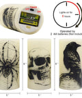 Halloween LED Flameless Candles 3 Pack With 6 Hour Timer Battery Operated showing spider, skull, crow designs, size guide