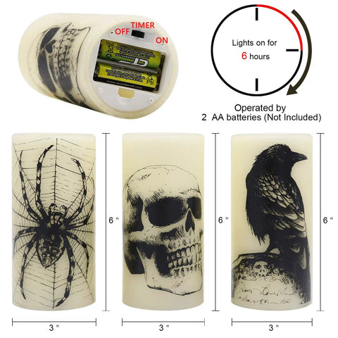Halloween LED Flameless Candles 3 Pack With 6 Hour Timer Battery Operated showing spider, skull, crow designs, size guide