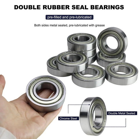 10 Pack 6206 ZZ Deep Groove Ball Bearings With Double Metal Seal Pre Lubricated for smooth rotation, displayed in hand and stacked.