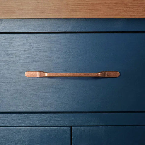 Six Pack Knockout Antique Copper Drawer Pulls With Straight Up Solid Zinc Build And Heavy Duty Vintage Finish For No Sweat Kitchen Cabinet Swaps And Major Furniture Overhauls on blue cabinet.