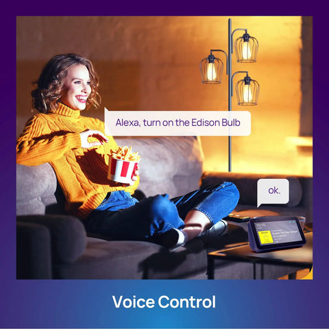 Woman using Alexa to control Smart Edison Bulbs Tunable Dimmable 2700K to 6500K Amber Warm and Cool White WiFi E26 LED Filament Bulbs