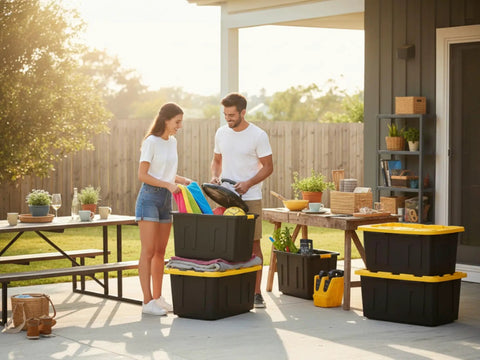 Heavy Duty Storage Totes With Lids, 27 Gallon Plastic Bin Stackable Organizer Containers For Garage And Workshop, Built Tough As Nails Reinforced Handles And Weather Resistant Design, Bulk Pack Of Twelve