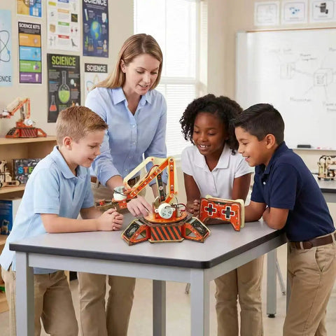 Remote Control Robot Arm Kit For Kids Build Your Own Mechanical Arm With 360 Degree Rotating Gripper Hands On STEM Toy For Learning And Creative Engineering Fun wooden robot arm on classroom table with kids and teacher