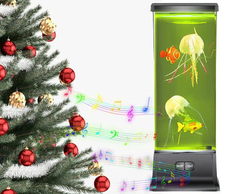 Jellyfish Lamp With Bluetooth Speaker And White Noise Night Light For Kids And Adults beside festive Christmas tree with musical notes.