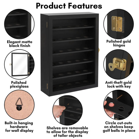 Lockable Wall Mount Golf Ball Display Case Holds Up To 35 Balls With Polished Plexiglass Circle Shelves Durable Black Finish