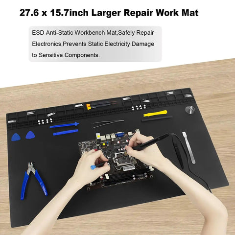 Person using Extra Large Anti Static Soldering Mat Pro Grade Gear Heat Resistant 932 Degrees Fahrenheit Silicone ESD Safe Work Pad