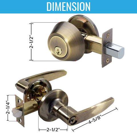 Dimensions of Tustin Series Keyed Alike Entry Lever Lock and Single Cylinder Deadbolt Combo in Antique Brass, 4 Pack