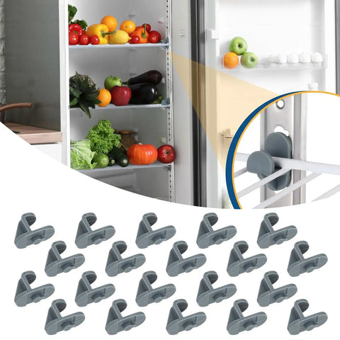 20 Pcs Industrial Freezer Shelf Clips Reinforced in use in a stocked refrigerator, highlighting easy fit and stability.