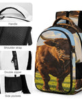 Dope Long Horn Brown Bull Print Backpack with handle, shoulder strap, double zipper, and side pockets, polyester material