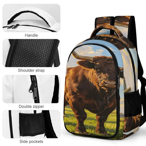 Dope Long Horn Brown Bull Print Backpack with handle, shoulder strap, double zipper, and side pockets, polyester material