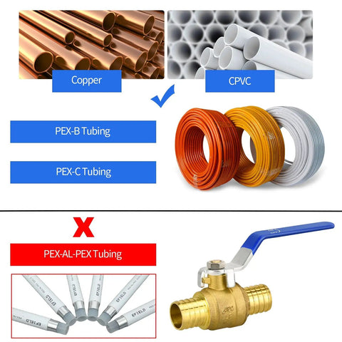 Comparison of tubing types and a 4 Pack 1 Inch PEX Brass Full Port Ball Valve For Water And Heating Circulation No Lead Certified Brass.