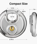 Stainless Steel Discus Padlock With Three Eighths Inch Hardened Shackle For Sheds, Garages, Fences And Storage Units, 70mm Round Body