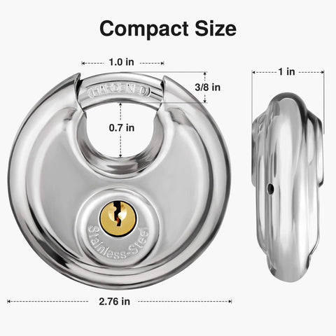 Stainless Steel Discus Padlock With Three Eighths Inch Hardened Shackle For Sheds, Garages, Fences And Storage Units, 70mm Round Body