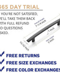 Diagram of 10 Pack Curved Matte Black Cabinet Pulls for Kitchen Drawers Arch Style Handles with measurements and return policy