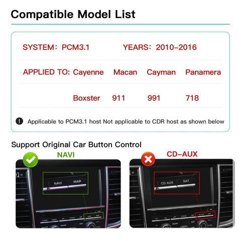 Compatible models list for Wireless CarPlay Module for Porsche PCM3.1 Cayenne Macan 911 Panamera Bosxter Android Auto Car Accessory