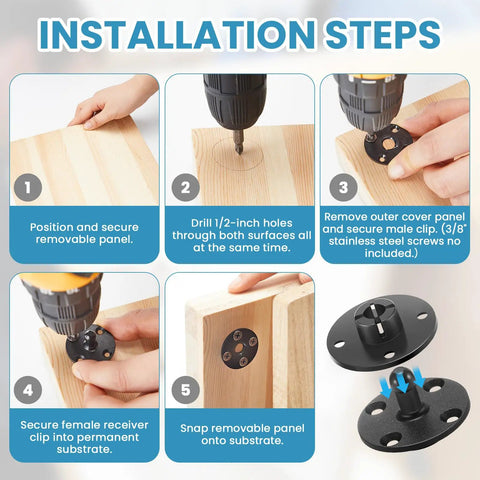 Installation steps for Killer Grip 100 Pack Panel Mounting Clips showing secure removable panel setup.