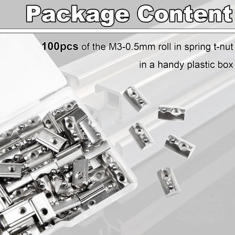Roll In Spring Loaded T Nuts M3 X 0.5mm 100 Pack Carbon Steel Nickel Plated for 20x20 Aluminum Extrusions in plastic box