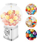 White Coin Operated Vending Cabinet And Premium Candy Dispenser For Home Arcade Or Retail Counter Big Time Five Hundred Ball Storage showing colorful capsules.