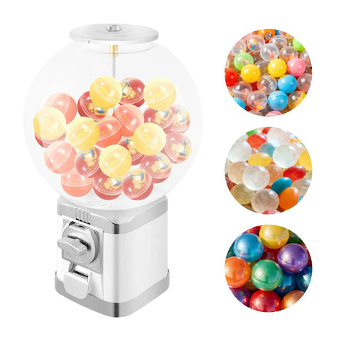 White Coin Operated Vending Cabinet And Premium Candy Dispenser For Home Arcade Or Retail Counter Big Time Five Hundred Ball Storage showing colorful capsules.