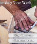 Machinist square set with steel L-type ruler in close-up marking a 90-degree angle on wood.