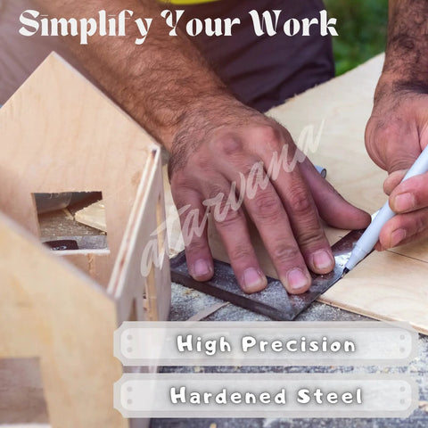Machinist square set with steel L-type ruler in close-up marking a 90-degree angle on wood.