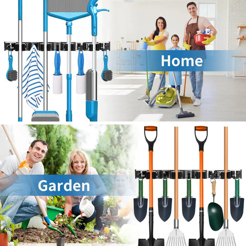 Heavy Duty Wall Mount Broom Holder And Tool Organizer Set With 3 Racks And 4 Hooks Metal Garage Storage for home and garden.