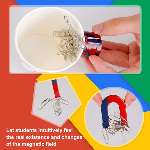 Magnetic Science Kit For Kids A Hands On Physics Lab With Bar Ring Horseshoe Compass Iron Powder Includes Fun Experiments And STEM Learning Tools For Beginners And Curious Teens displaying U-shape magnet with paper clips