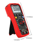 Side view of UT161B True RMS Digital Multimeter Workhorse With 6000 Counts And 1000V AC DC NCV showing dimensions and stand.