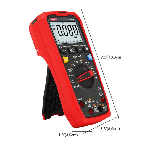 Side view of UT161B True RMS Digital Multimeter Workhorse With 6000 Counts And 1000V AC DC NCV showing dimensions and stand.