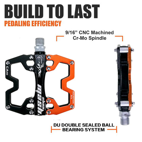 Ultra Light Nine Sixteen Inch Aluminum Mountain Bike Pedals with CNC Bearing, CNC Machined, Cr-Mo Spindle, Black and Orange